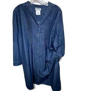 National Womens 1X Denim Pintuck Shirt Dress Coastal Grandmother Lagenlook